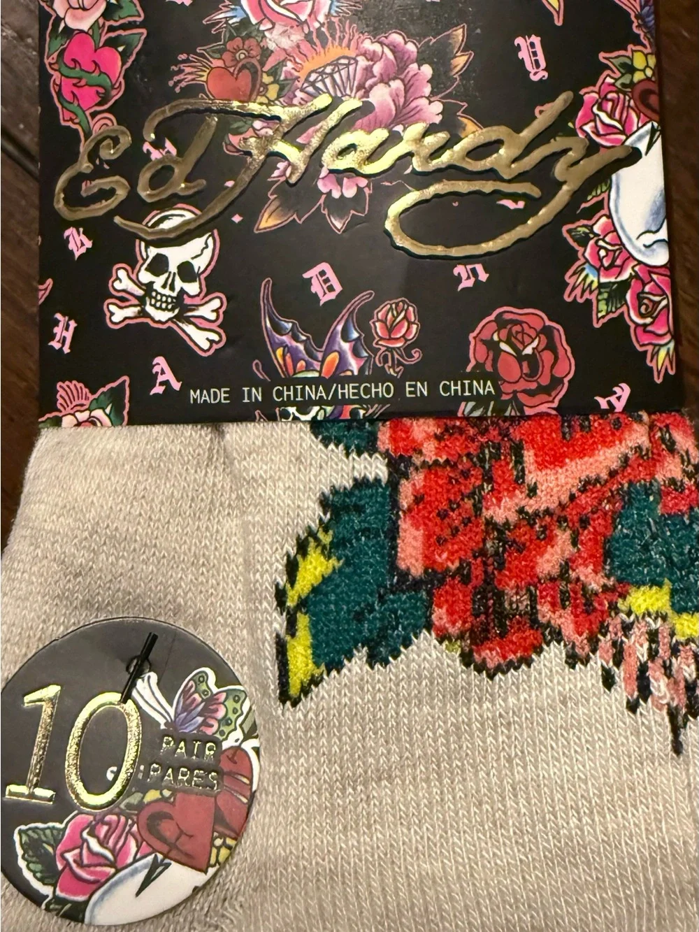 Ed Hardy (10) Pairs Low Cut Socks with Red & Green Floral Design